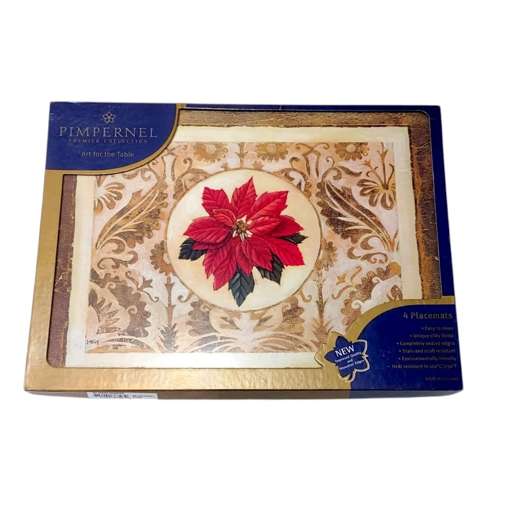 Pimpernel Poinsettia Holiday Placemat & Napkin Set With Ring Holders 4 Pieces